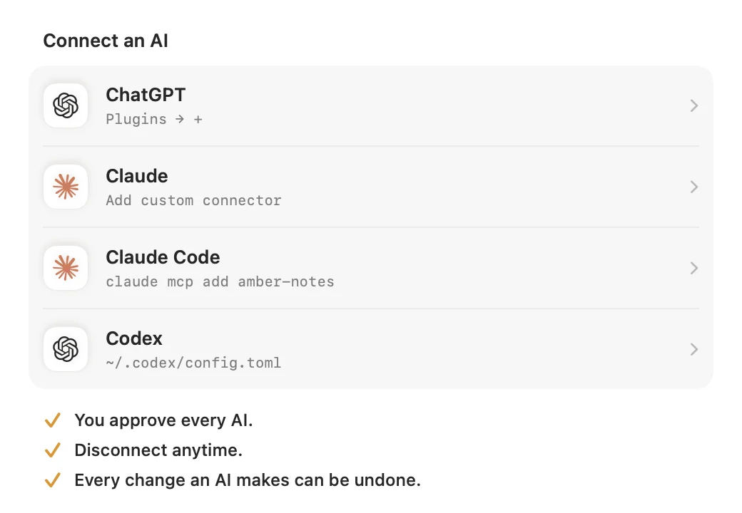 Settings in Amber Notes on a Mac: Connect an AI lists ChatGPT, Claude, Claude Code and Codex, with what's connected below.