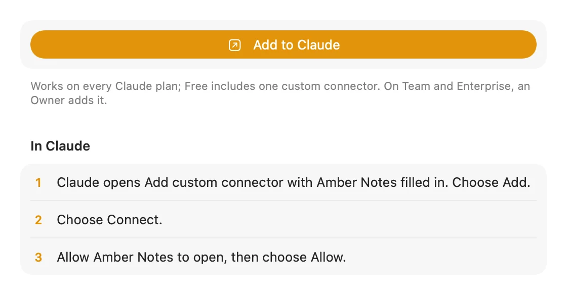 Connect Claude in Amber Notes on a Mac: an Add to Claude button, a note that it works on every Claude plan, then the steps: choose Add, then Connect, then Allow.
