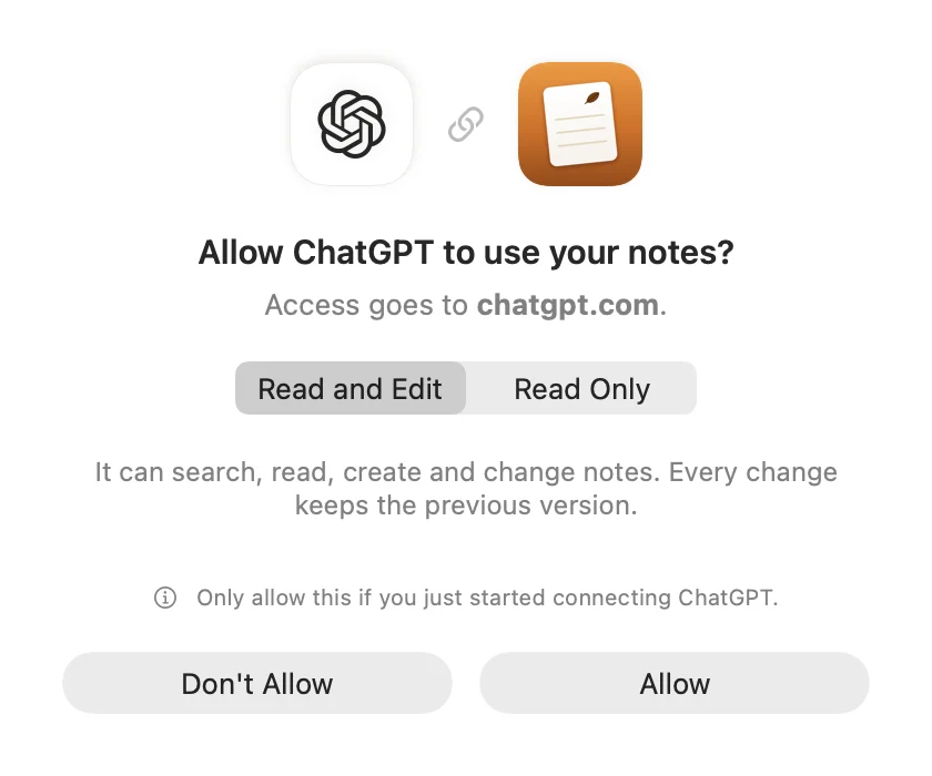 Amber Notes asking "Allow ChatGPT to use your notes?" with a choice of Read and Edit or Read Only, and Allow and Don't Allow buttons.