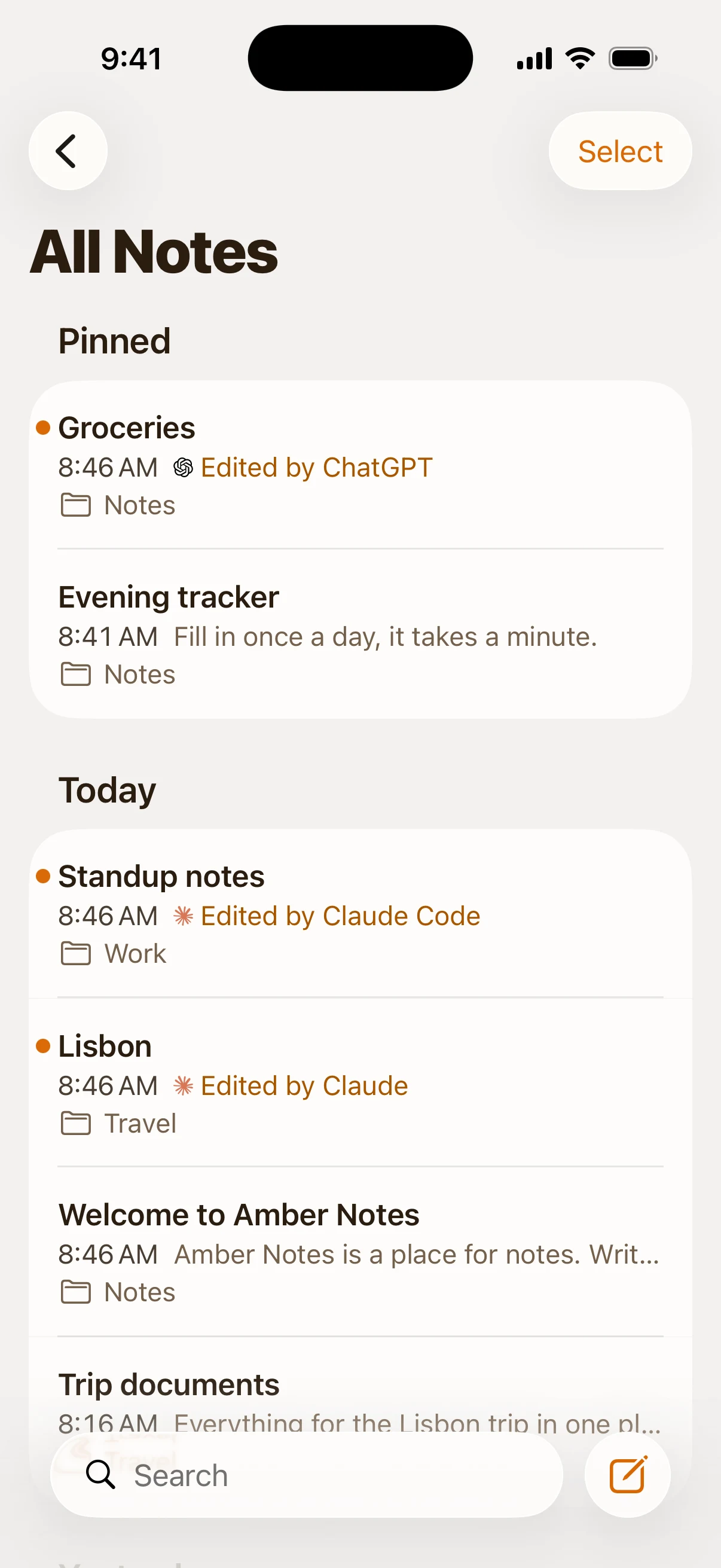 Amber Notes on iPhone: the note list, with Groceries marked Edited by ChatGPT, Standup notes Edited by Claude Code and Lisbon Edited by Claude.