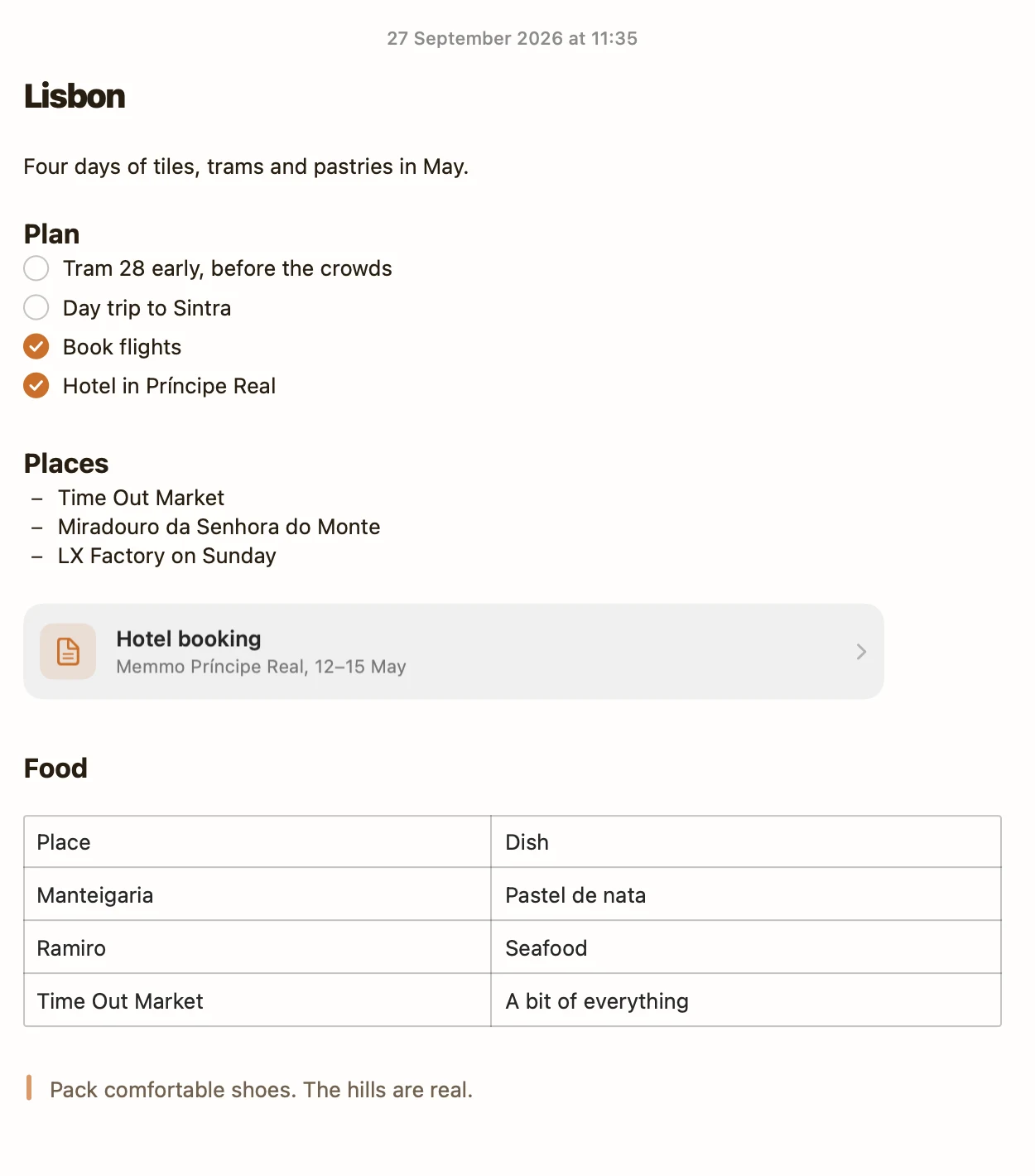A Lisbon trip note in Amber Notes on a Mac: a plan checklist, a list of places, a linked Hotel booking sub-note, and a table of where to eat.