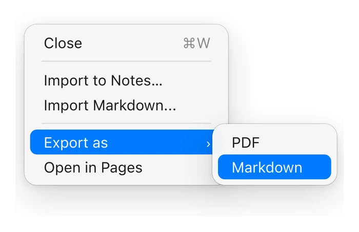 The File menu of Apple Notes on a Mac running macOS 26, open at Export as, with PDF and Markdown in the submenu and Markdown selected.