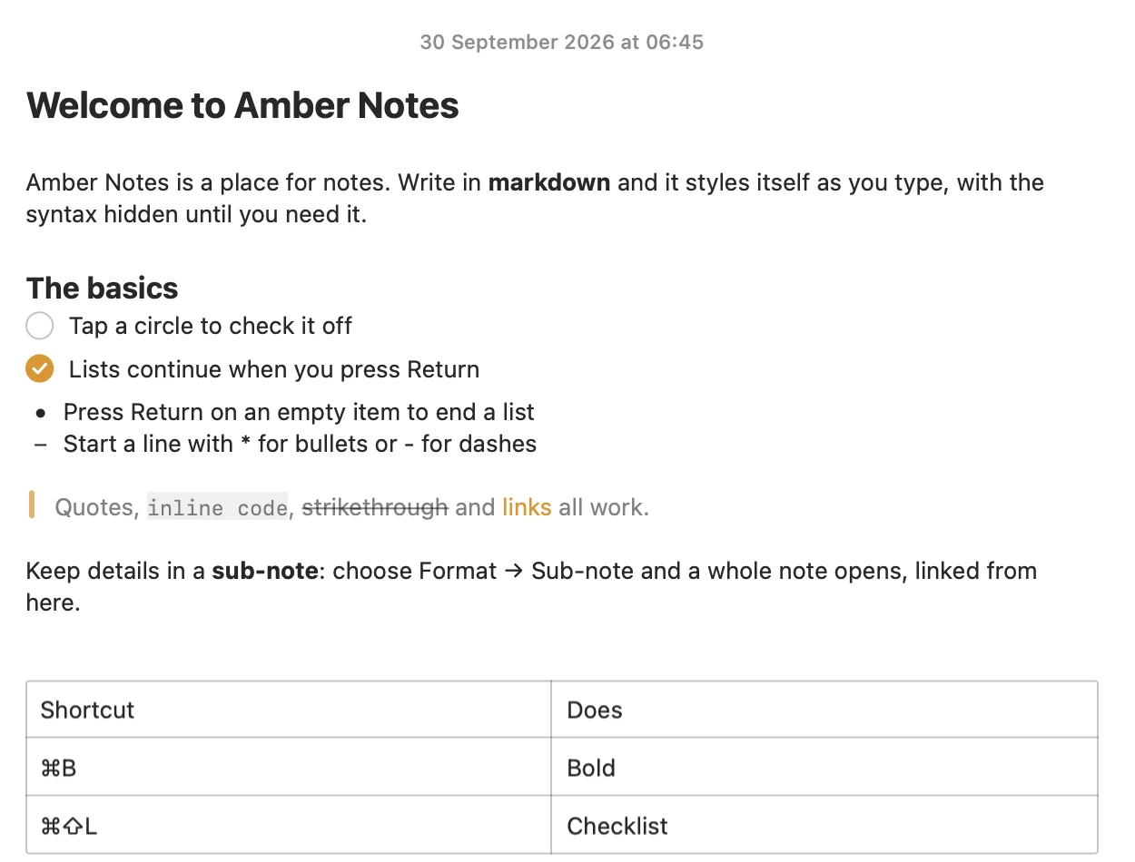 The Welcome to Amber Notes note on a Mac: markdown that styles itself as you type, a checklist, bullets, inline code and a table.