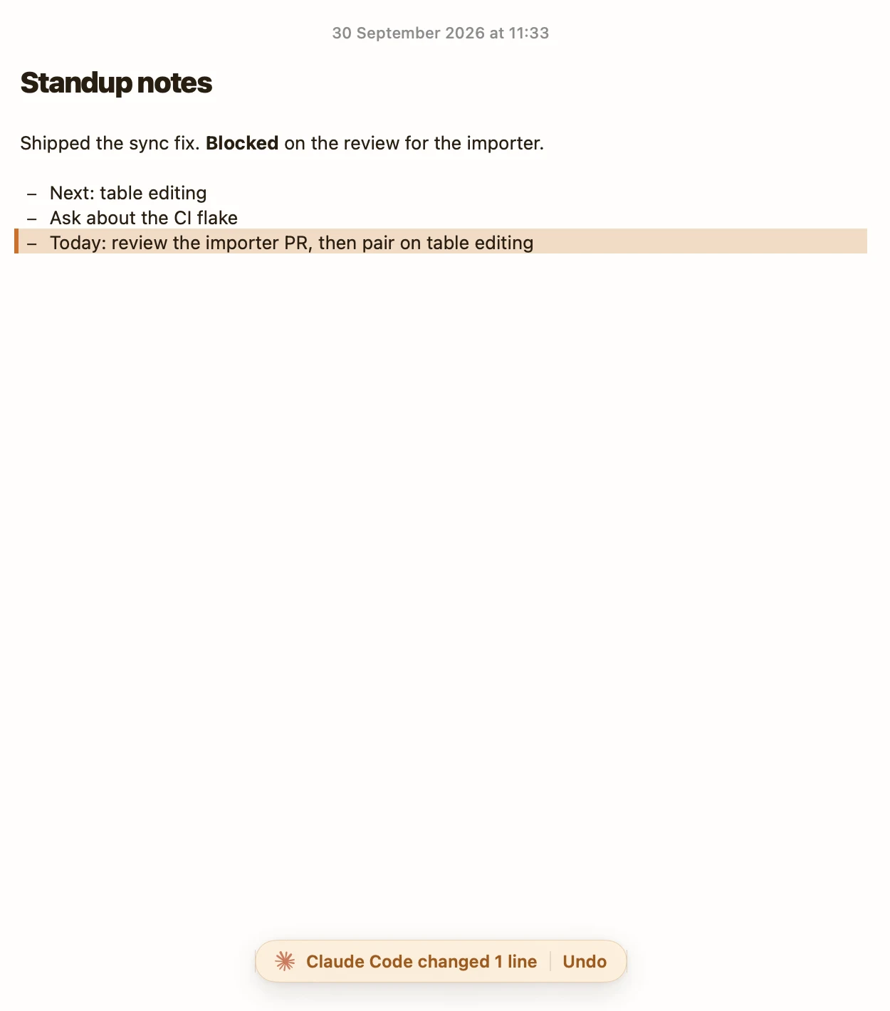 Standup notes in Amber Notes on a Mac. The line Claude Code just added is tinted, and a bar at the bottom says Claude Code changed 1 line, with Undo.
