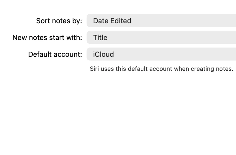 Apple Notes settings on a Mac with Default account set to iCloud