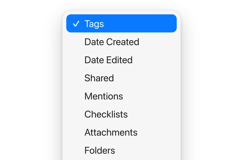 The rule menu of an Apple Notes Smart Folder on a Mac, with Tags checked