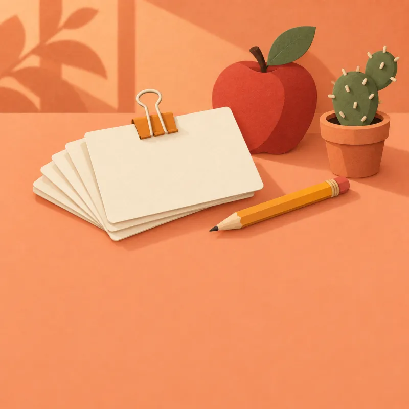 Paper-cut stack of flashcards with a pencil, an apple and a small cactus