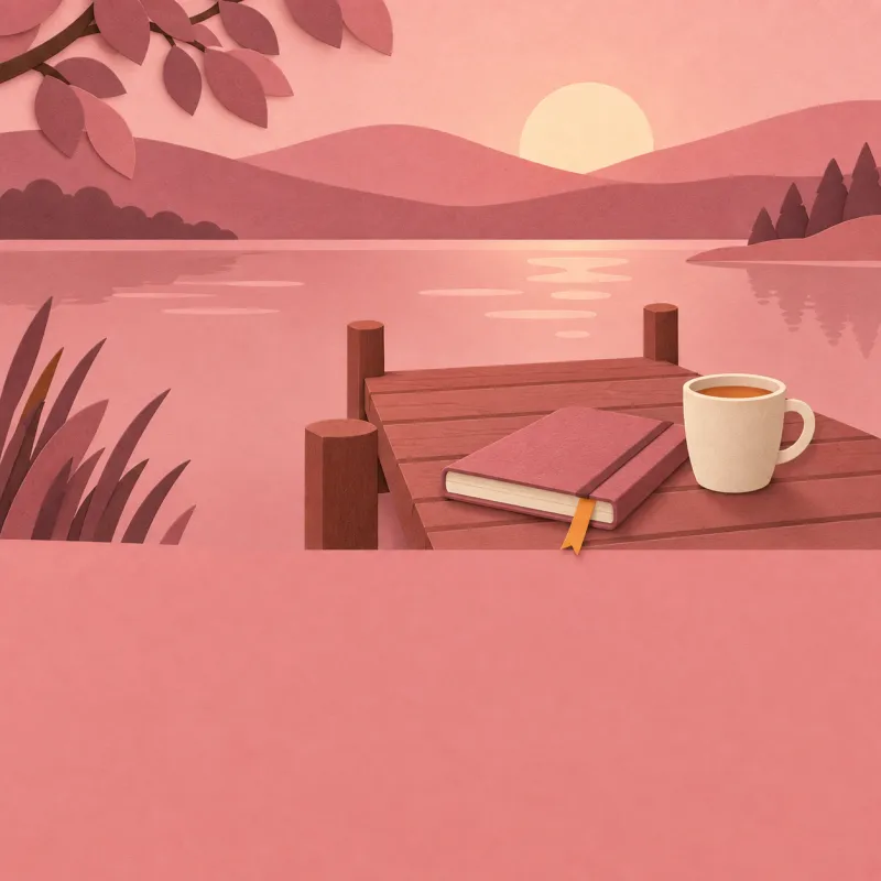 Paper-cut lake at sunrise with a journal and a mug of tea on a wooden jetty
